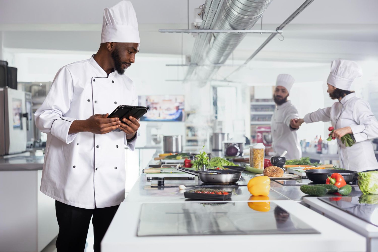 Chef utilisant RestauManager sur tablette dans la cuisine du restaurant